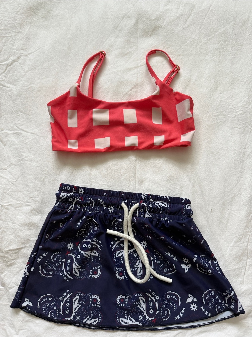 mark. Navy Paisley Swim Skirt and Red Check Bikini Top Set
